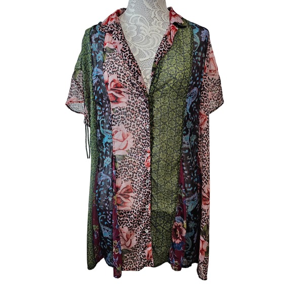 Free People Patchwork Floral Leopard Print Sheer Button Down Shirt Dress Tunic - Picture 2 of 5
